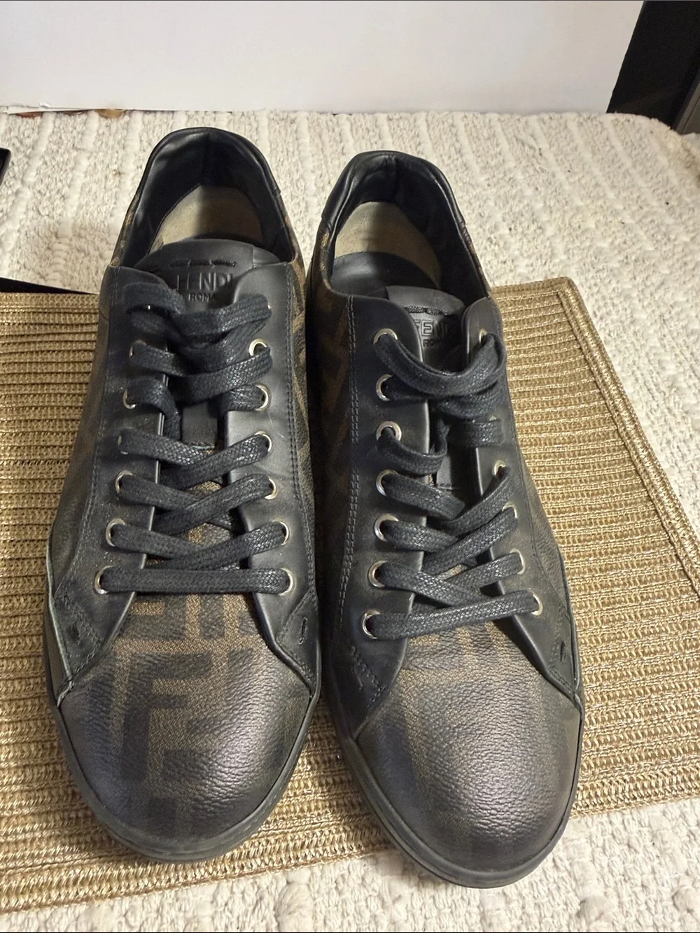 Fendi Roma FF Zucca Monogram Low Top Sneakers Black Brown Men’s Size 8 Italy